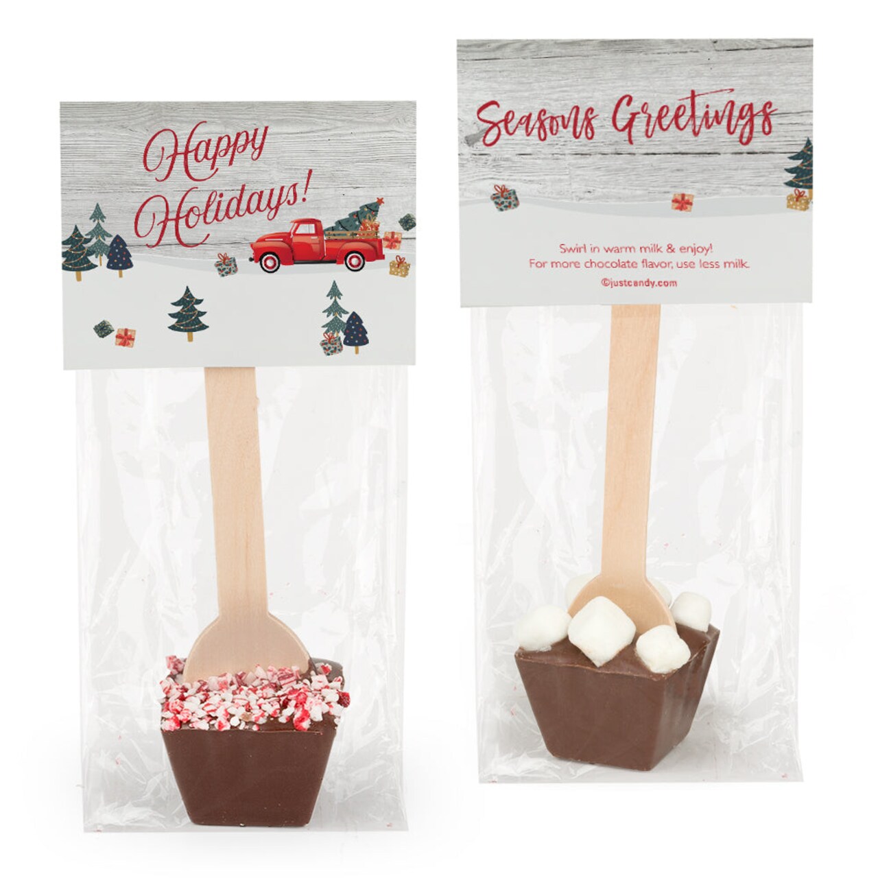 12 Pack Happy Holidays & Seasons Greetings Hot Chocolate Spoon Favors For Christmas Gifts, Holiday Party Favors & More - Milk Chocolate With Marshmallows